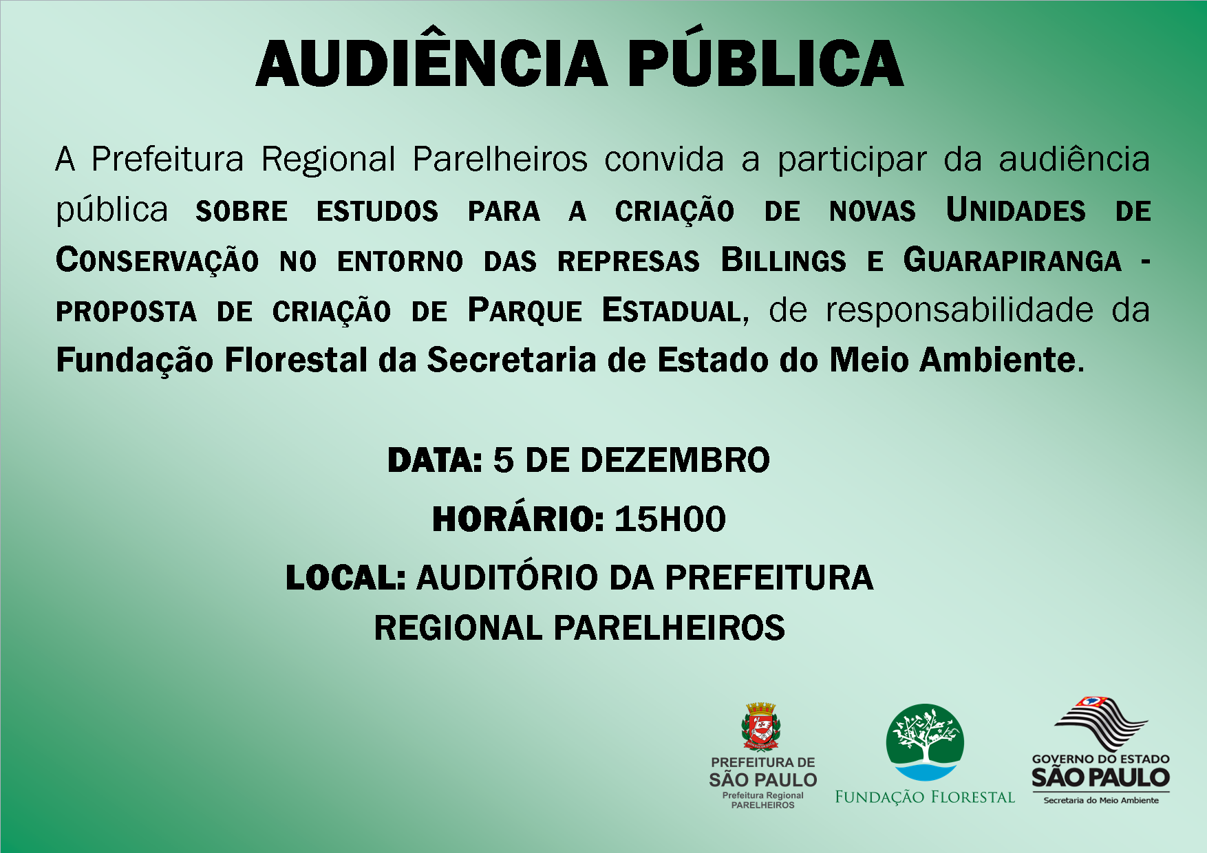 Convite para Audiência Pública da Fundação Florestal a ser realizada na Prefeitura Regional Parelheiros