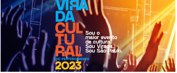 Imagem em roxo e laranja com mãos para o alto em um show musical com logo da virada cultural ao centro