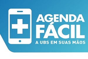 A ilustração, em fundo azul, apresenta um tablet branco com uma cruz branco no meio e os dizeres: "Agenda Fácil, A UBS em suas mãos  em branco".