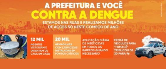 Sobre fundo laranja com a imagem de São Paulo temos as inscrições:A prefeitura e você contra a dengue. 12 mil agentes atuam de de casa em casa. Aplicação de inseticida nas áreas críticas Frota do "fumacê" triplicou de 30 para 96