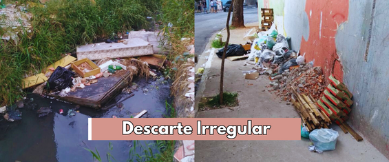 Duas imagens mostrando materiais e objetos descartados de forma incorreta na calçada e em esgoto.