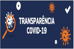 Fundo azul escuro com o texto ao centro "Transparência COVID-19" e no cantos o desenho de vírus e uma lupa