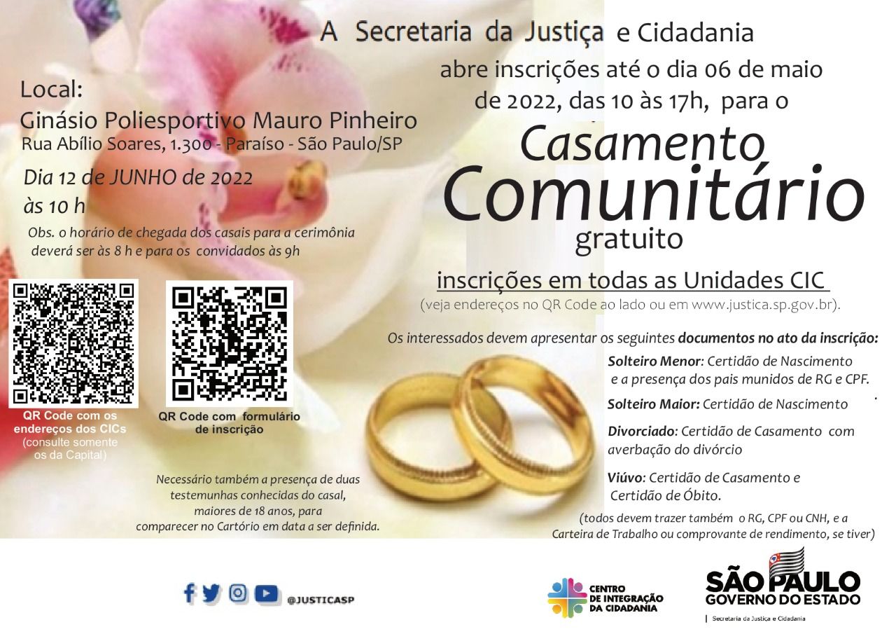 Evento é promovido pela Secretaria da Justiça e Cidadania e os inscritos terão oportunidade de casar gratuitamente