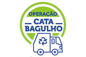 Imagem do Post: logo do Cata Bagulho em verde e com escrita em azul e a desenho de um caminhão em azul.