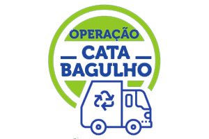 Imagem com anuncio do programa cata bagulho. Dizeres em Azul e um caminhão azul com logotipo de reciclagem.