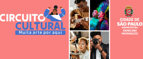 Imagens diversas com cozinheira, fotógrafo, homem tocando violão e duas mulheres em uma peça, com o fundo em rosa com o logo do Circuito Cultural em branco e azul