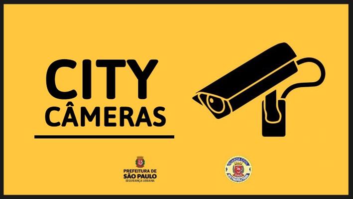 retângulo amarelo com a imagem de uma câmera estilizada, logos da Prefeitura e da Guarda Civil Metropolitana.