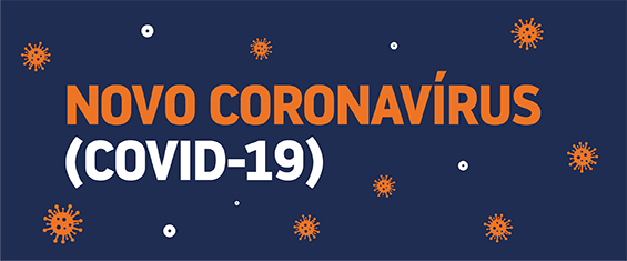 Imagem com fundo azul, vetores representando o vírus na cor laranja e texto escrito: Novo coronavírus (a cor laranja) e covid-19 (na cor branca.
