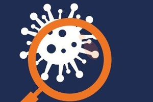 Em fundo azul escuro, o desenho do vírus da COVID-19 em branco e, por cima, uma lupa redonda de cor laranja