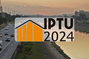 Estrada com carros de fundo e logo do IPTU 2024 a frente.