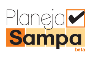 Logo do Planeja Sampa com a palavra Planeja em preto em cima e um quadro de escolha. Abaixo a palavra Sampa na cor preta e quadros na tonalidade laranja e a palavra beta em laranja abaixo da letra a.