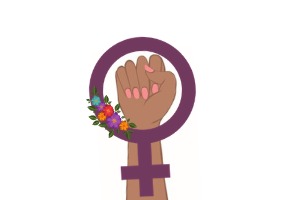 Imagem de fundo branca,ao centro uma mão feminina fechada representando força sobreposta pelo simbolo do feminismo em roxo.