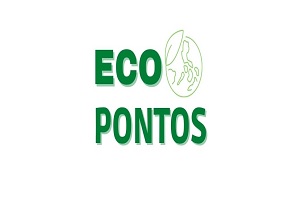 Dizeres "Ecopontos" escrito em verde com o planeta Terra estilizado com uma folha ao lado também em verde.