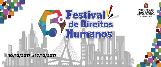 imagem em branco com um fundo de cidade com os dizeres: 5º festival de direitos humanos em letras azuis