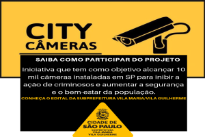 Imagem de fundo amarelo e uma barra preta abaixo. Há a palavra City CÂmares em preto e uma CÂmera de segurança desenhada