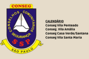 Logo do Conseg  São paulo emamarelo e azul  com a inscrição calendario ao lado com os conselhos da região em destaque  Conseg Vila Penteado, Conseg. Vila Amália, Conseg Casa Verde/Santana
Conseg Vila Santa Maria