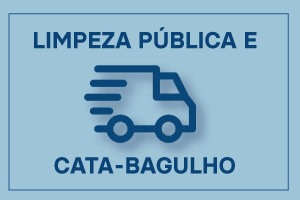 Ilustração linear de um caminhão de limpeza centralizado entre duas frases acima: LIMPEZA PÚBLICA  e abaixo: CATA-BAGULHO