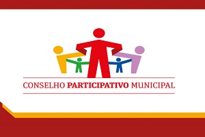 Em fundo branco com detalhes em vermelho e laranja, figuras representam pessoas de mãos dadas. Logo abaixo, dizeres "Conselho Participativo Municipal".