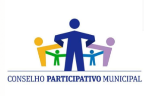 #PraCegoVer# - imagem contém cinco bonecos de mãos dadas em circulo, fundo branco e texto na cor azul escrito Conselho Participativo Municipal