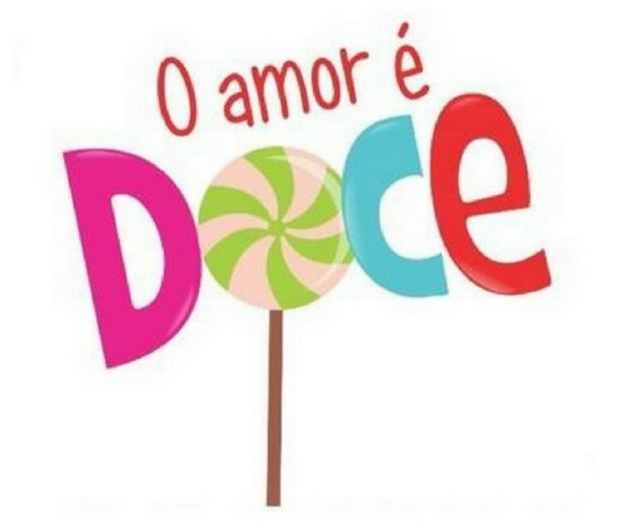 Imagem do texto "O Amor é Doce" colorido, e o "O" do Doce está escrito no formato de um pirulito.