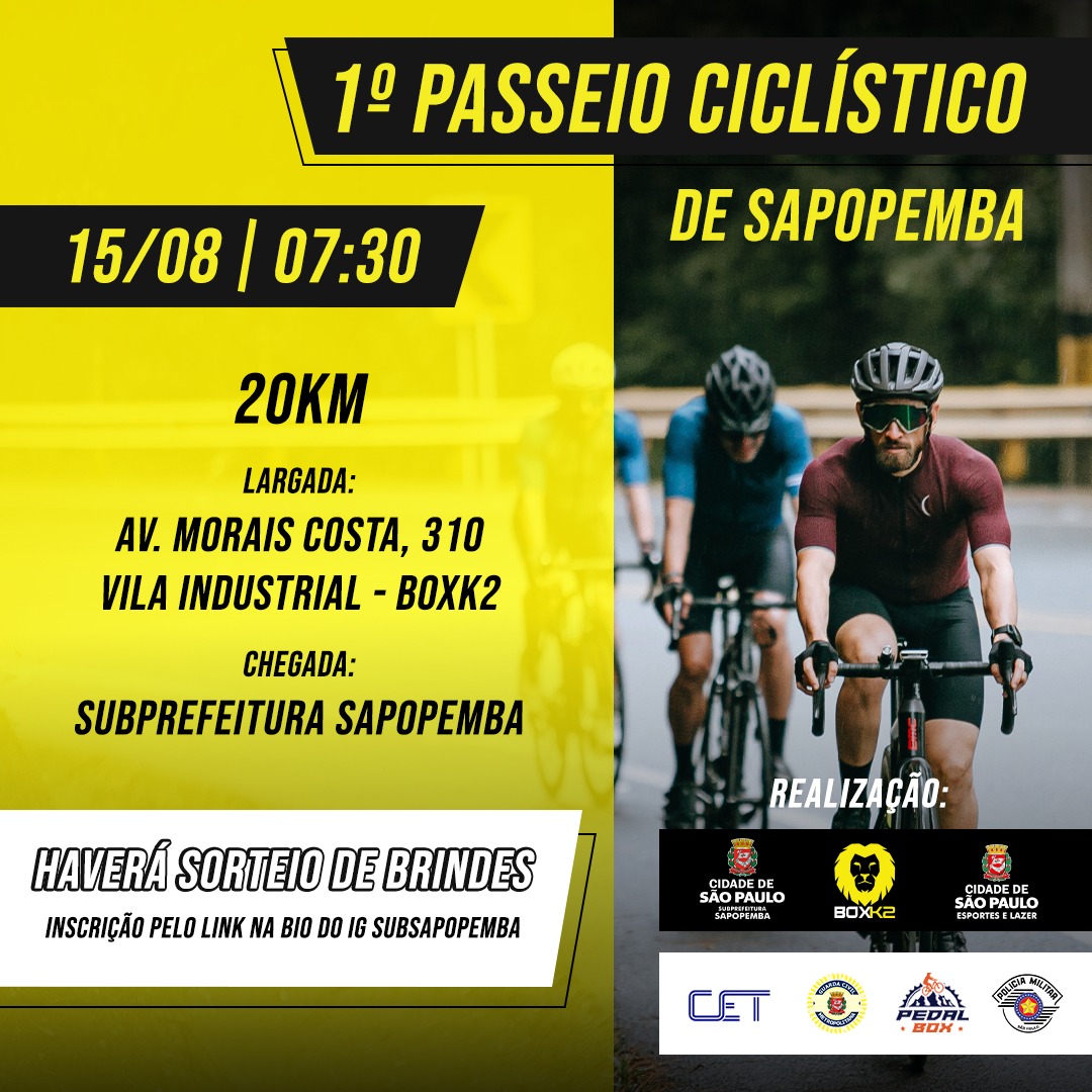 O 1º Passeio Ciclístico de Sapopemba ocorrerá no dia 15/8, às 7h30 e você é nosso convidado.