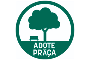 Ilustração com logo do Programa Adote uma Praça, com círculo verde em que está uma árvore no centro, um banco e o nome do programa