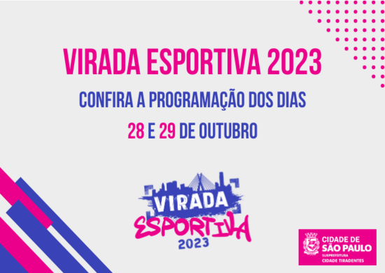 Em um fundo cinza, temos a frase "Virada Esportiva 2023" na cor magenta. Abaixo temos a frase "Confira a programação dos dias 28 e 29 de outubro" na cor azul marinho. Os textos estão centralizados.