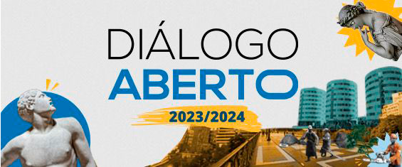 imagem de fundo cinza, que contém as palavras dialogo aberto 2023 2024 em destaque, com imagens de prédios, esculturas gregas e iamgens da cidade de São Paulo