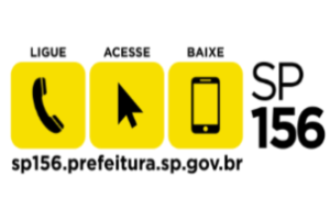 Em um fundo amarelo, o símbolo de um telefone fixo, em preto, à esquerda, uma seta apontada para cima, em perpendicular, uma tela de celular,à direita, fundo branco e letras pretas SP 156. Abaixo o link sp156.prefeitura.sp.gov.br