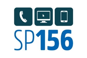 Arte visual do portal 156 com figuras de telefone, computador e celular; escrito em azul