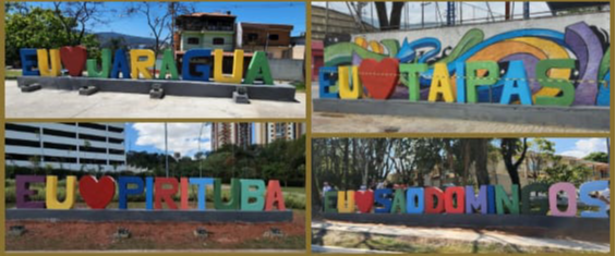 A imagem mostra os 4 letreiros que temos aqui em Pirituba/Jaraguá/Taipas/São Domingos. Todos os letreiros tem as letras coloridas e são grandes.
