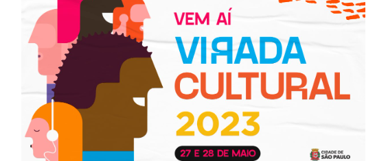 Imagem Post: Ao lado esquerdo imagem desenhos bonecos coloridos que representa pessoas de cor e profissionais de vários seguimentos e lado direito a legenda vem ai a virada cultural 2023 27 e 28 Maio.