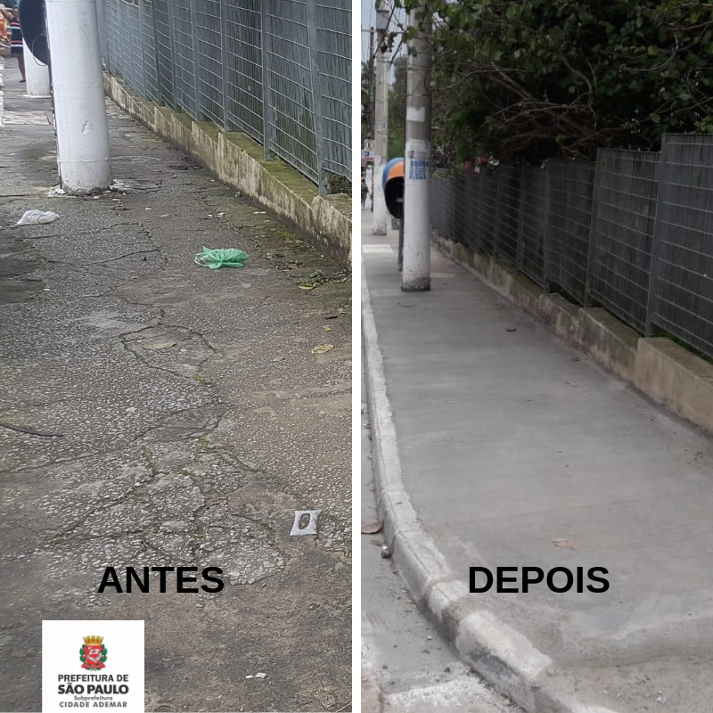 Montagem de duas fotos: à esquerda, uma calçada com deformações, uma sacola verde, um poste, o logotipo da Subprefeitura e o dizer: antes. À direita, a calçada reformada, sem deformações, com um poste e dois orelhões, um laranja e um azul, ao fundo, e o dizer: depois