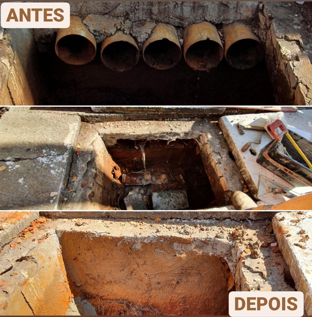 montagem com trÊs fotos mostram os tubos ligados ao bueiro e depois o local fechado com cimento