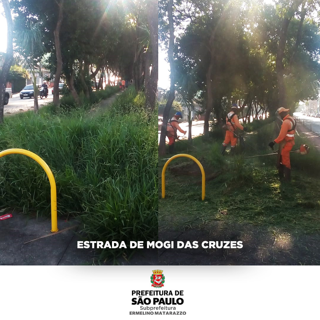 #pracegover a imagem é uma colagem de duas fotos mostrando o antes e depois da limpeza em um trecho da Estrada de Mogi das Cruzes, com funcionários da Subprefeitura executando o serviço. Abaixo uma faixa branca e o logo da Subprefeitura Ermelino Matarazzo.