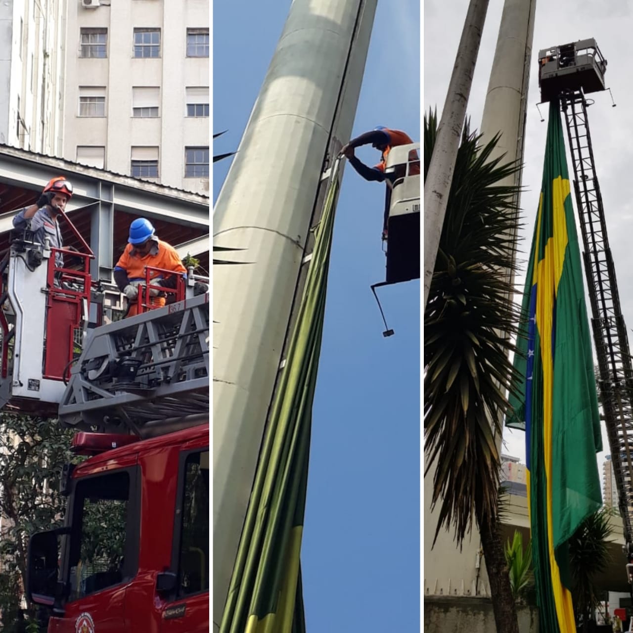 Foto colorida com montagem de três fotos do bombeiro e da equipe da Sé trocando a bandeira