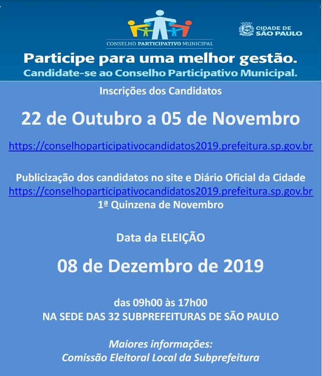 Imagem mostra orientações para a eleição do conselho participativo municipal, bem como data de inscrição e a data da eleição.