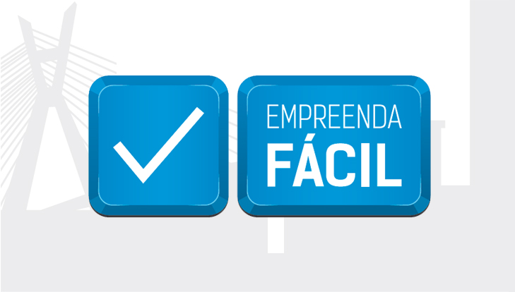 Logotipo de forma retangular na coloração azul com letras brancas escrito “Empreenda Fácil” em um fundo branco com a ilustração da Ponte Estaiada em cinza.