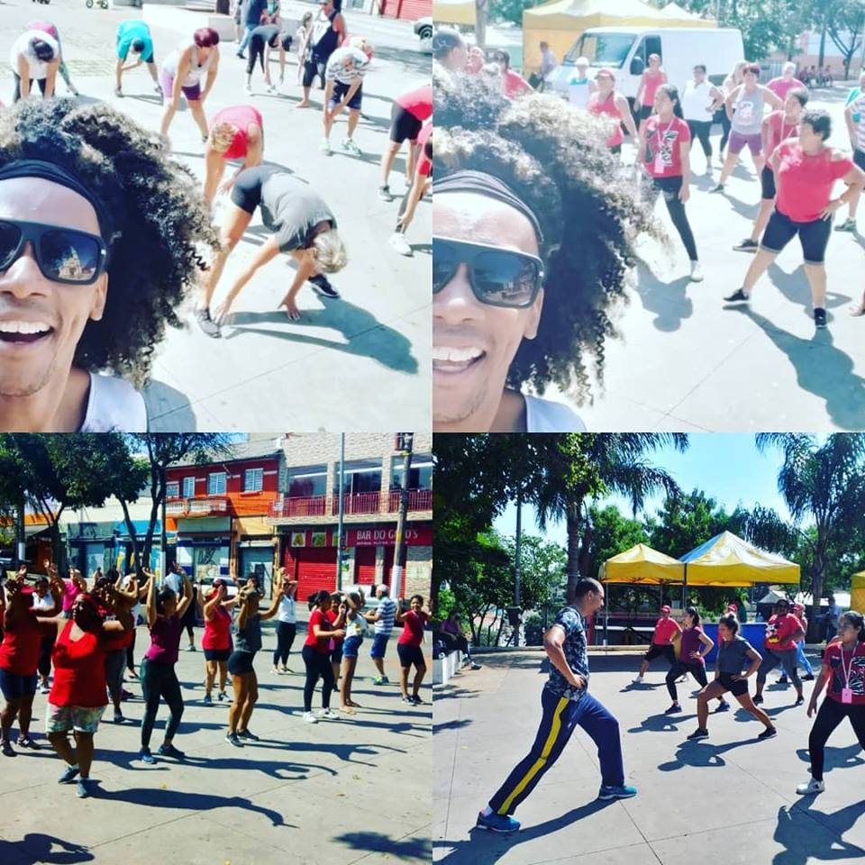Colagem de fotos dos munícipes particando exercícios e tirando selfie