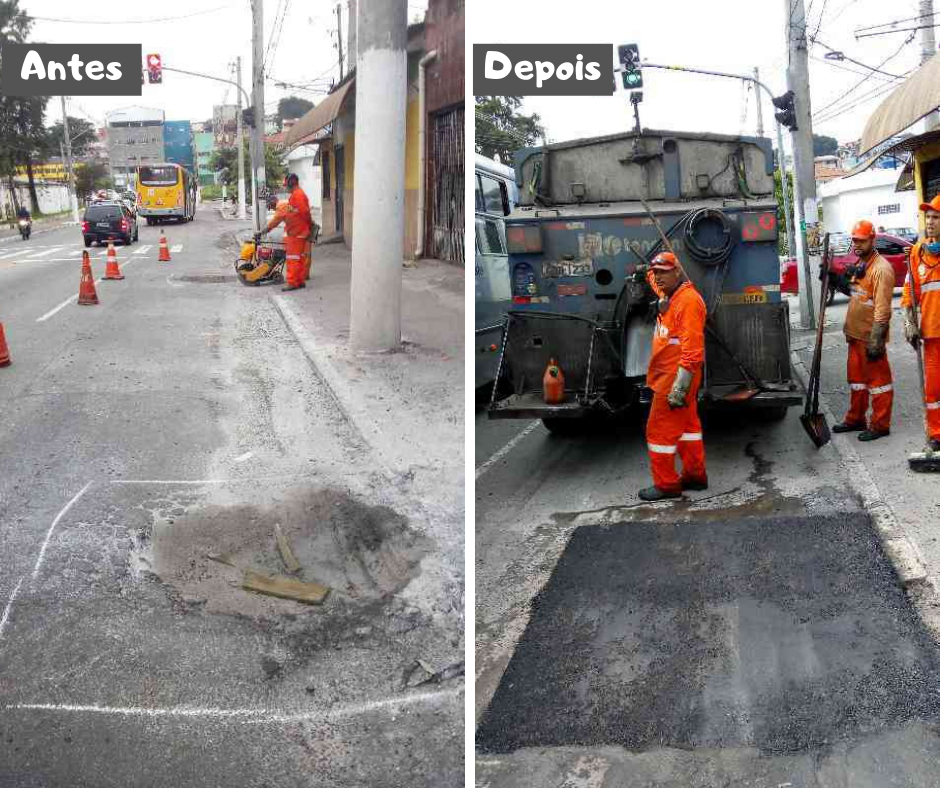 Duas fotos (do antes e depois). Na foto da esquerda (antes) imagem de um pequeno buraco próximo a calçada. Ao fundo a equipe de tapa- buraco trabalhando com uma máquina, veículos e casas. Na foto da direita (depois) imagem do buraco tapado e a equipe do tapa- buraco trabalhando com um caminhão.