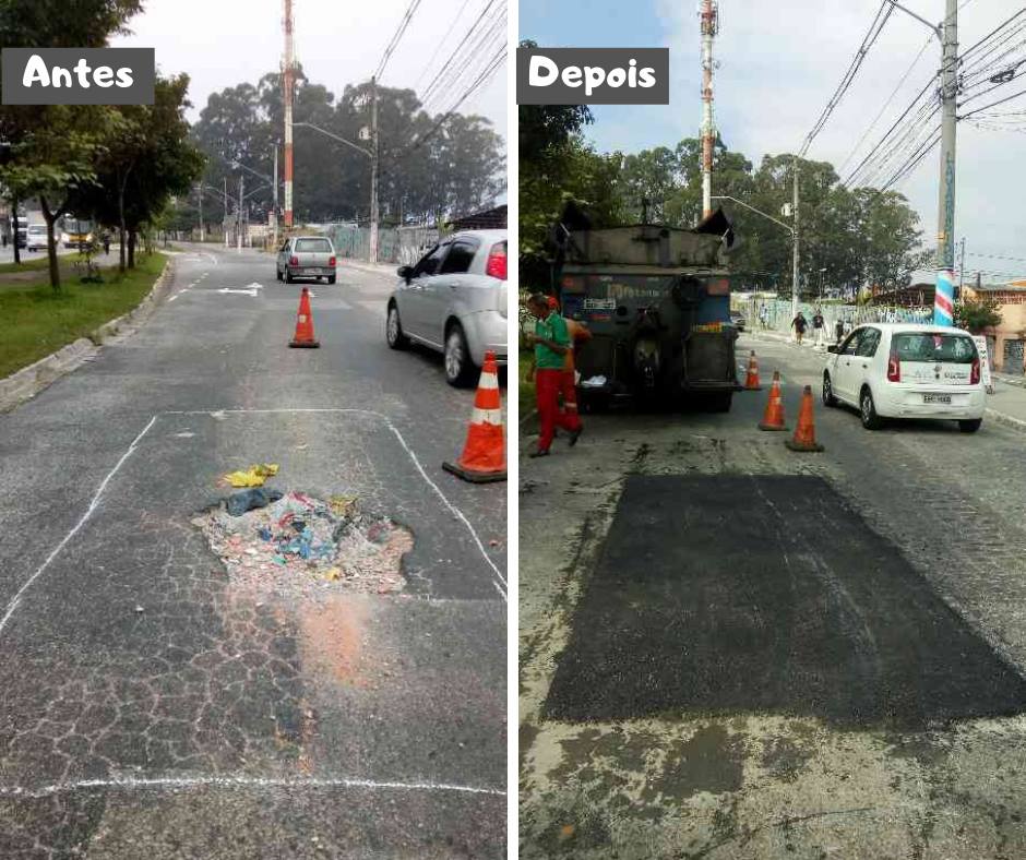 Duas fotos (do antes e depois). Na foto da esquerda (antes) imagem de um buraco no meio da rua, cones ao redor e carros passando na rua. Árvores ao fundo. Na foto da direita (depois) imagem do buraco tapado. Ao fundo o caminhão da equipe e um carro passando.