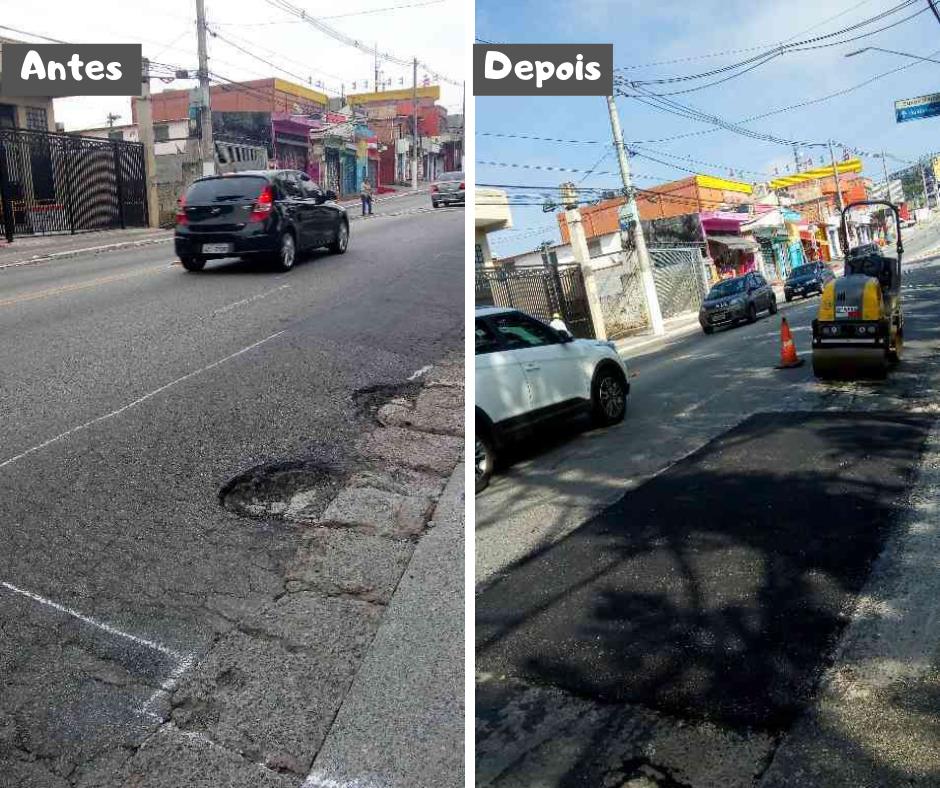 Duas fotos (do antes e depois). Na foto da esquerda (antes) imagem da rua com um buraco próximo a calçada. Veículos e casas ao fundo. Na imagem da direita (depois) a rua com o buraco tapado. Veículos e casas ao fundo.
