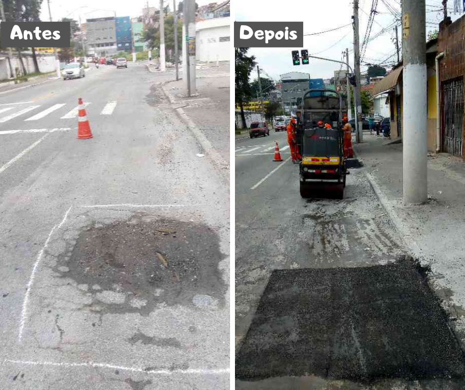 Duas fotos (do antes e depois). Na foto da esquerda (antes) imagem da rua com um buraco próximo a calçada. Veículos e comércios ao fundo. Na foto da direita (depois) imagem da rua com o buraco tapado. Ao fundo a equipe de tapa buraco trabalhando com uma máquina, veículos e casas.