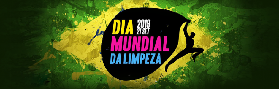 Imagem mostra logotipo do Dia Mundial da Limpeza 2019 com bandeira do Brasil ao fundo