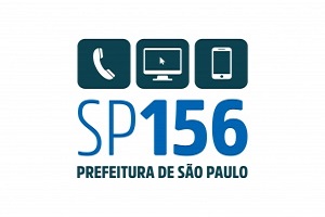 logotipo do SP156  da Prefeitura de são Paulo com ícone de aparelho telefônico, computador e celular