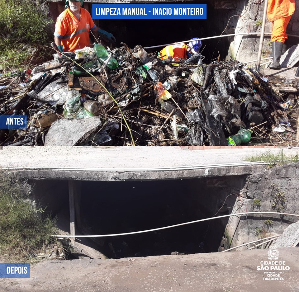 temos fotos do antes e depois do córrego sujo e limpo e de funcionários devidamente uniformizados fazendo limpeza manual do córrego e retirando lixo de local com difícil acesso