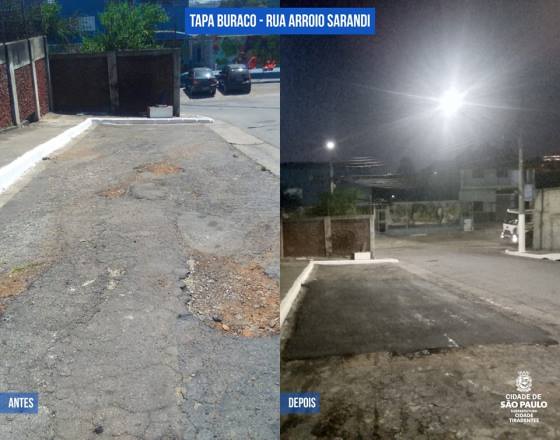 Na foto o Antes e depois do serviço de tapa buraco realizado na rua Arroio Sarandi