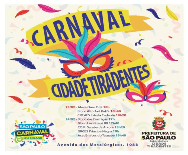 Banner com ilustração de uma mascara de carnaval escrito Carnaval Cidade Tiradentes
