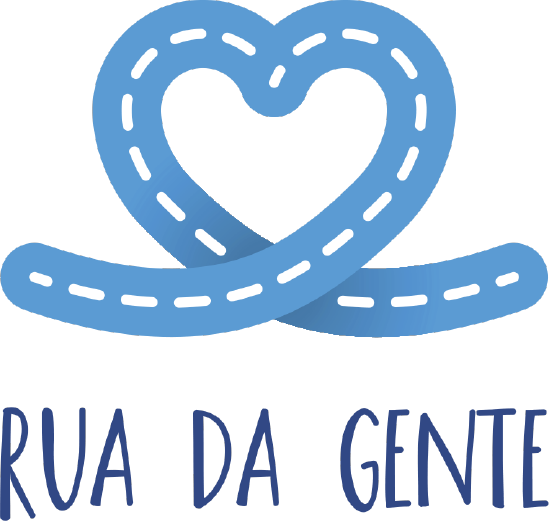 Imagem com fundo branco escrito em azul RUA DA GENTE e coração azul 