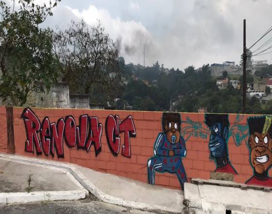 arte grafitada em muro pelos grafiteiros da CT tem tronco contrastando com a árvore detrás do muro e personagens da comunidade